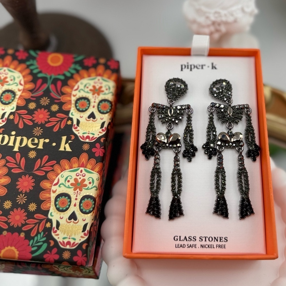 Piper K Black Skeleton Dangle Earrings – Halloween Statement Jewelry - Picture 3 of 5